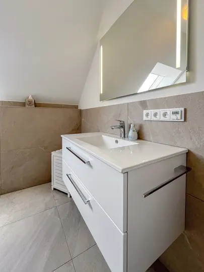 Modern vanity in the bright bathroom