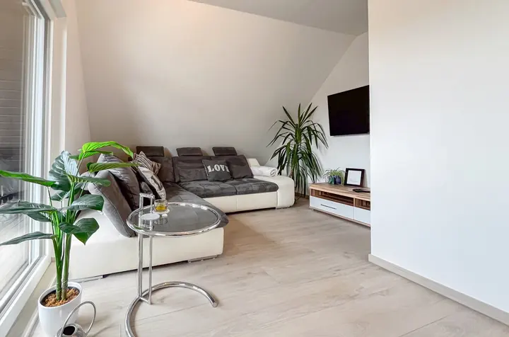 Comfortable living area with sofa and television